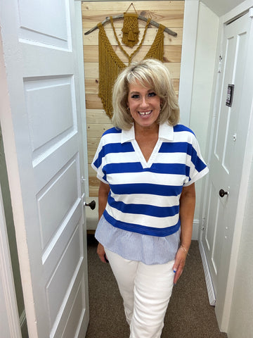 Contrast Collar Striped Top in Royal Blue (REG)