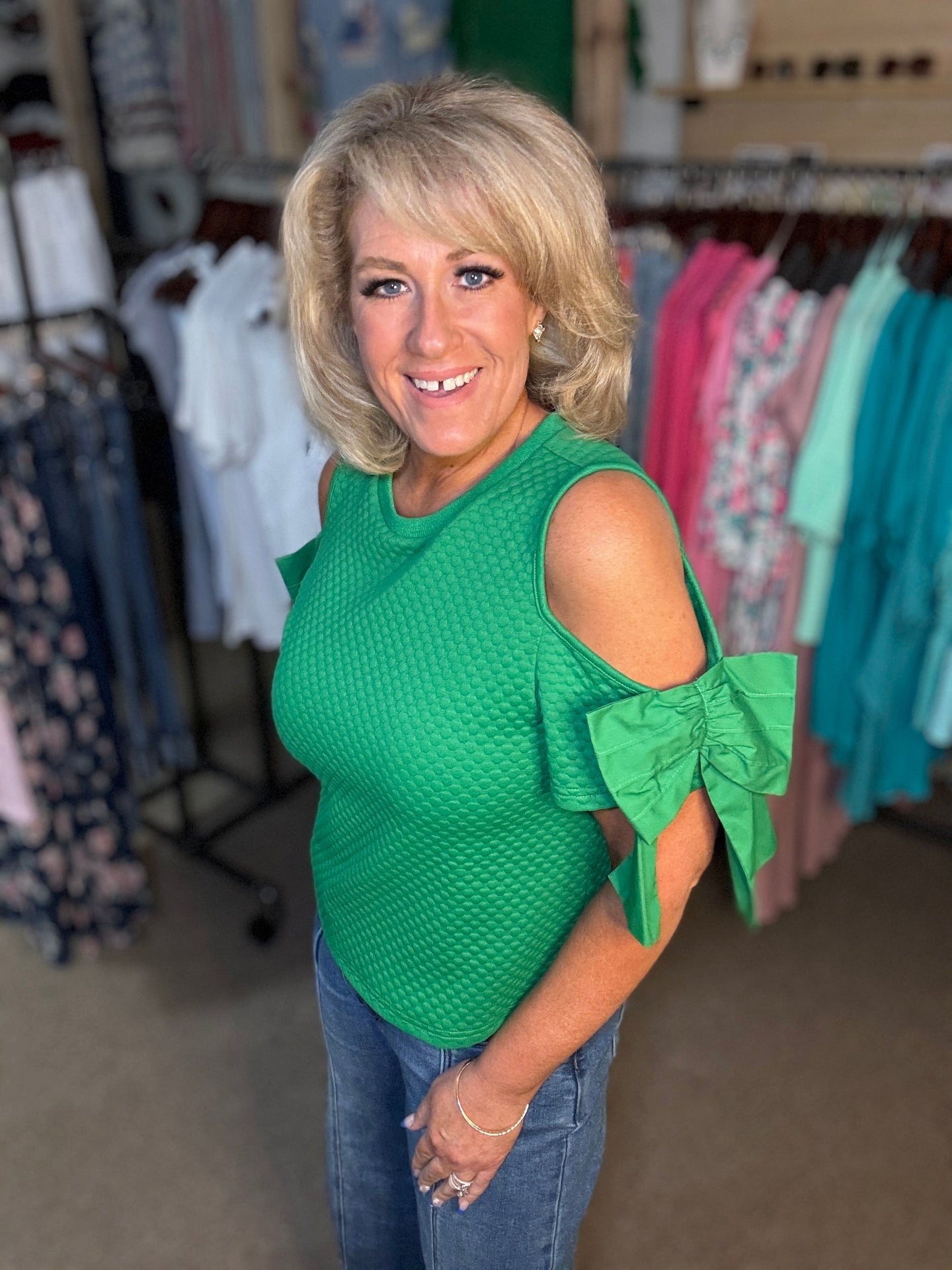 Textured Bow Sleeve Top in Green (REG)