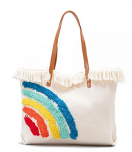 Woven Straw Rainbow Embroidered Tote Bag With Fringe Detail