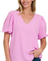 WOVEN AIRFLOW V-NECK PUFF SLEEVE TOP IN MAUVE