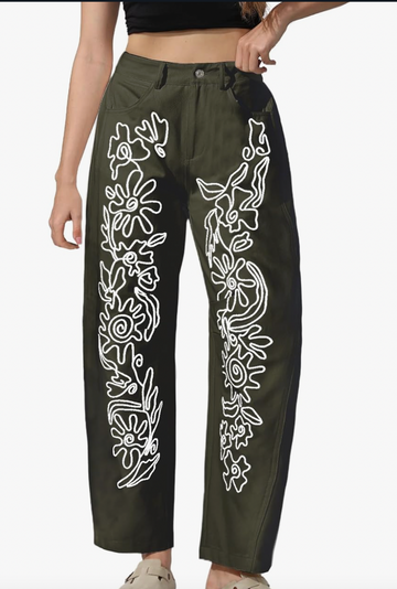 Embroidered Olive Barrel Jeans (XL)