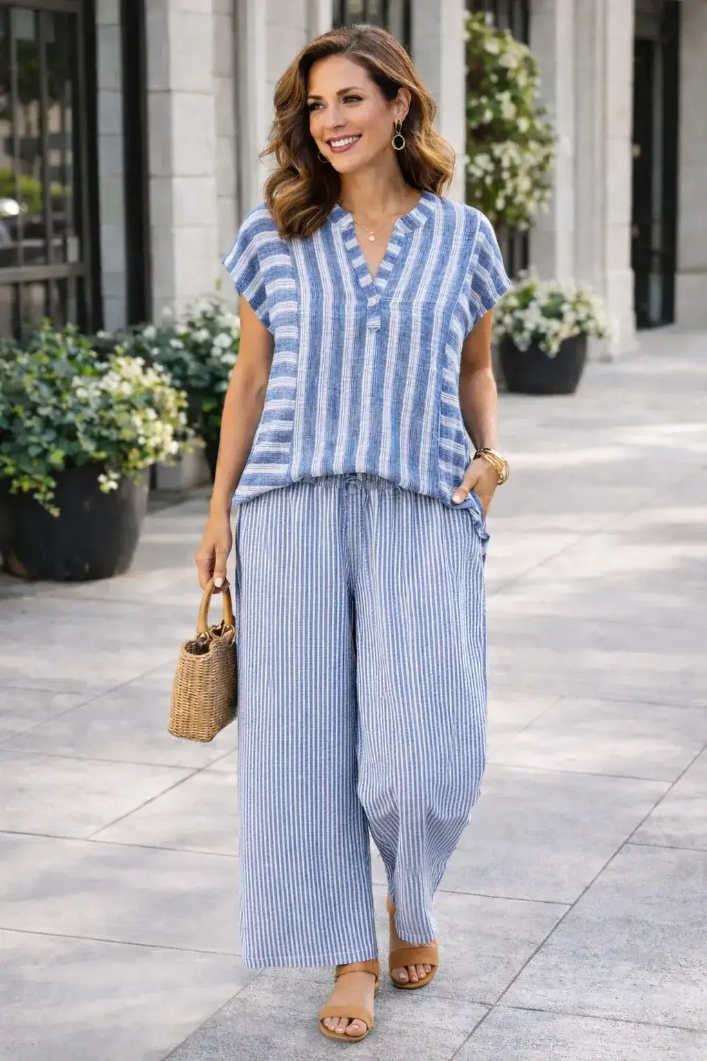Striped Pull On Wide Leg Pants in Blue (REG)