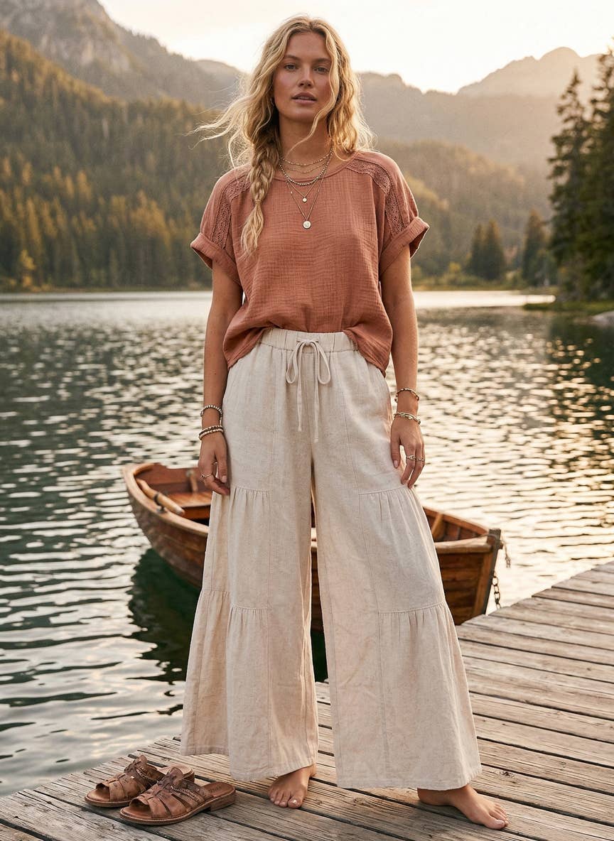 Tiered Linen Palazzo Pants in Natural (REG)