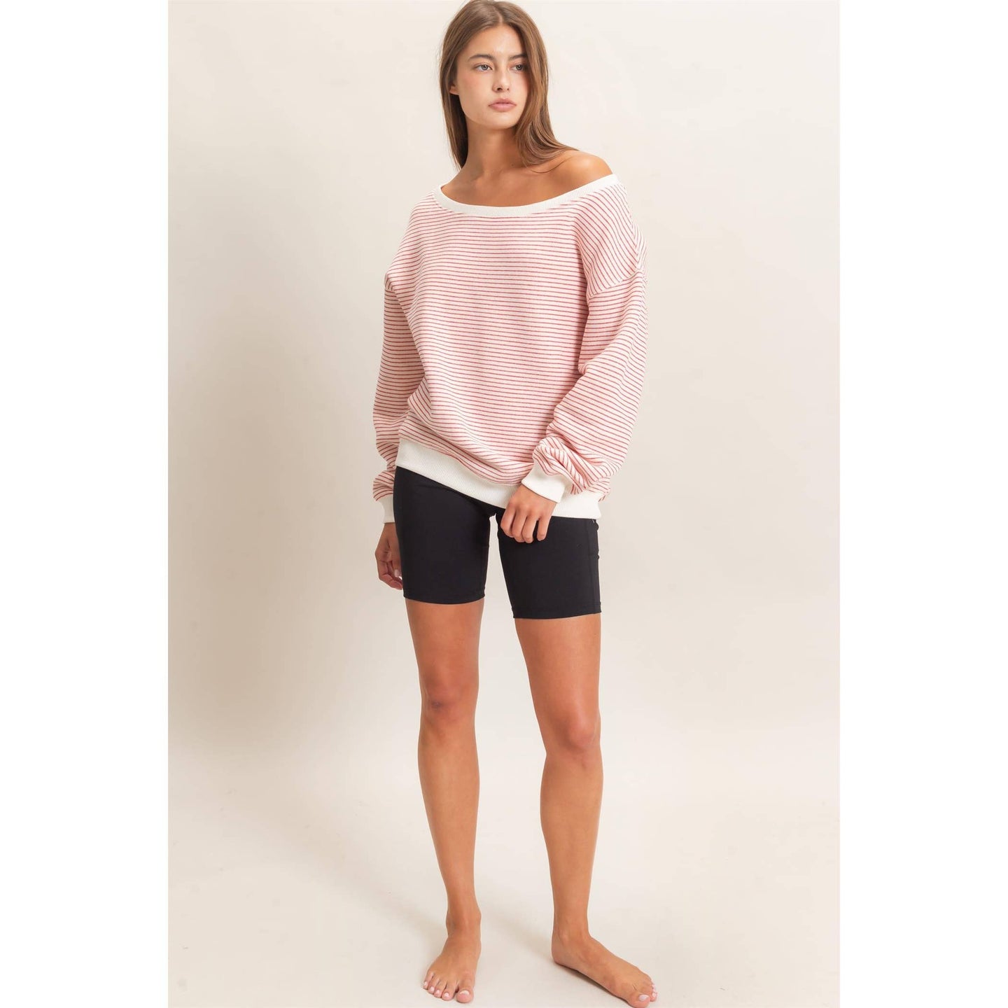Red Striped Off The Shoulder Sweatshirt (REG)