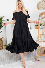 Off Shoulder Tiered Midi Dress in Black (REG)