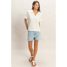 Striped Collar V-Neck Top in Green (REG)