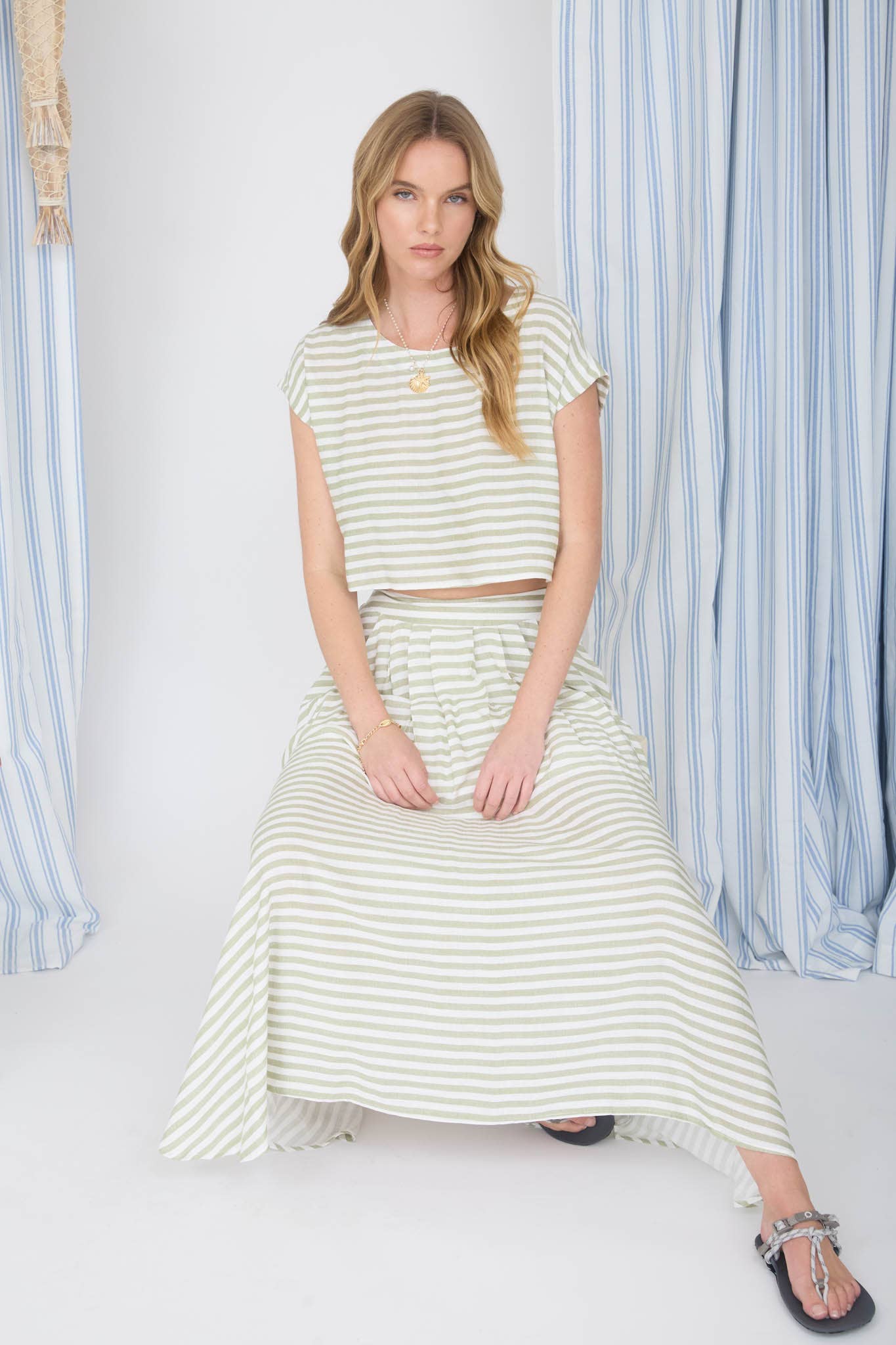 High Waisted Striped Midi Skirt in Lt Olive (REG)