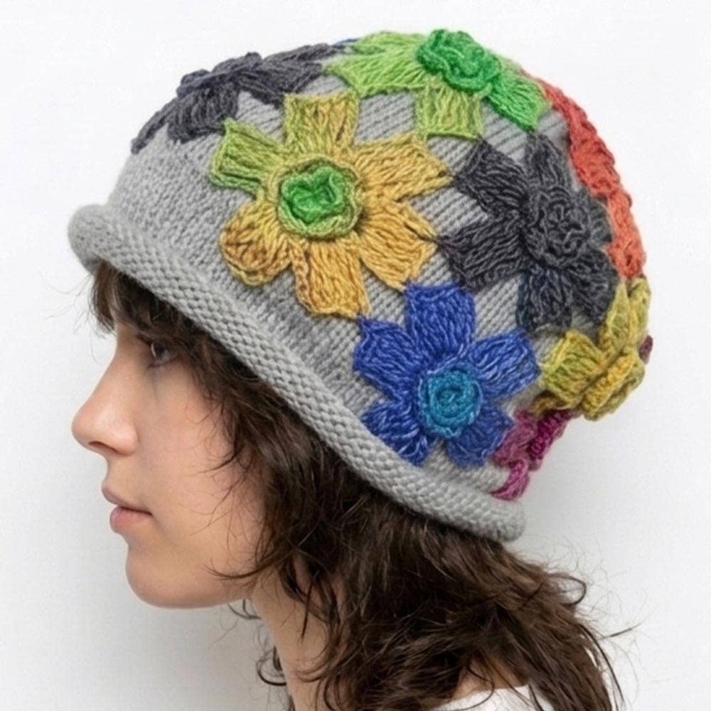 Floral Appliqué Knit Hat