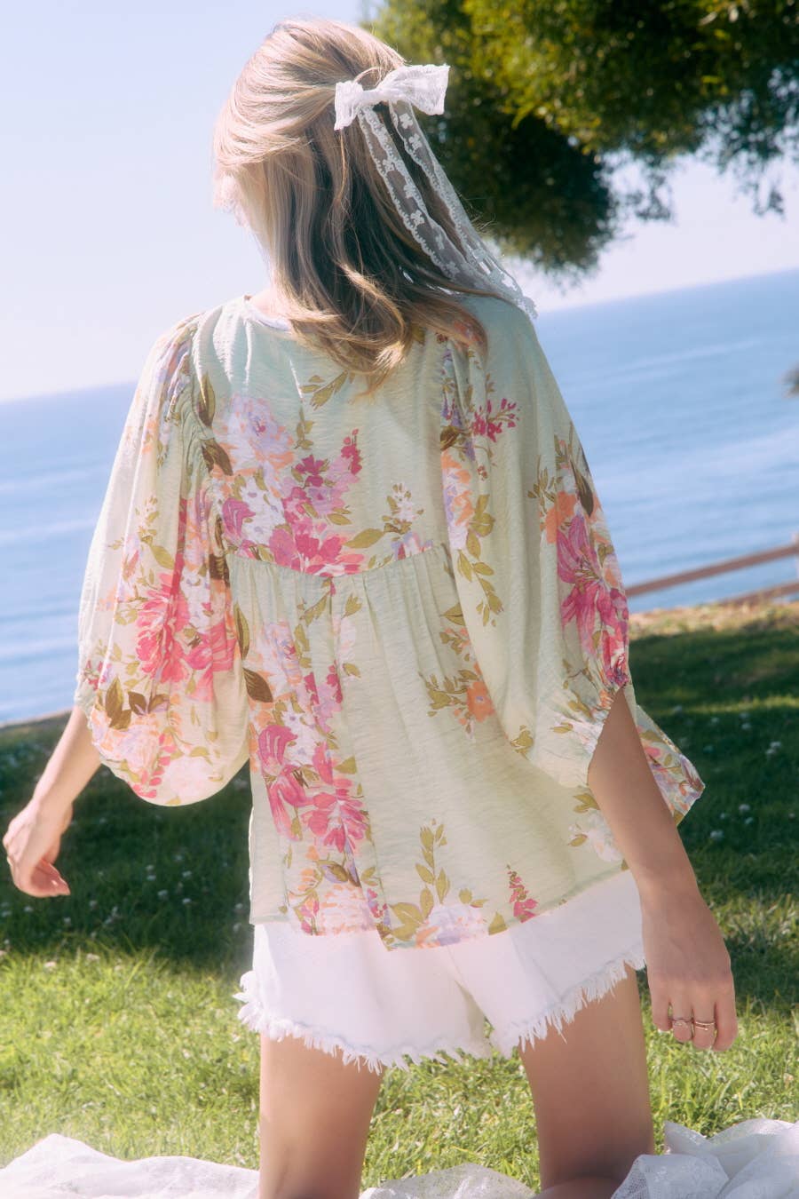 Tie Front Floral Top in Sage (REG)