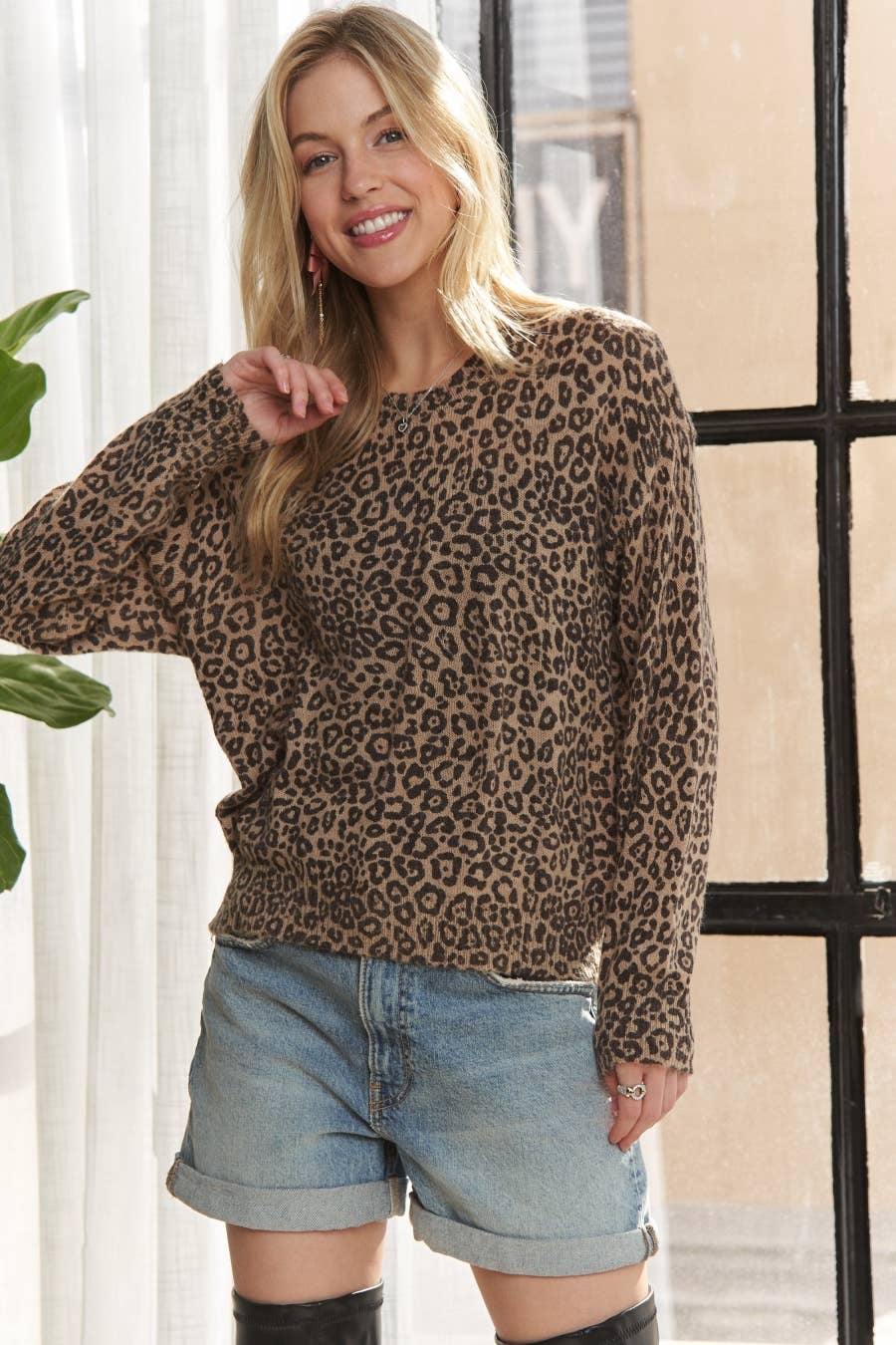 Long Sleeve Leopard Top in Khaki (REG)