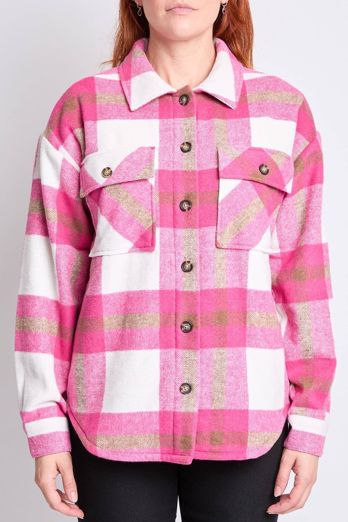 Plaid Flannel Sherpa Shacket in Pink (REG)