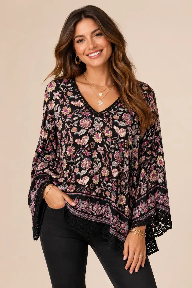Black Crochet Trim Floral Top (REG)