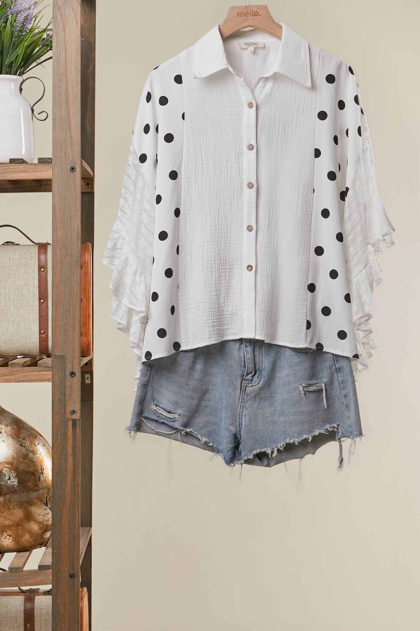 Polka Dot Lace Button Down Top (REG)