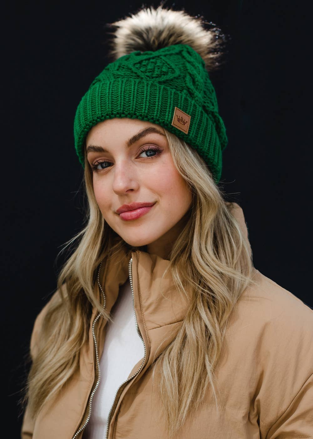 Green Cable Pom Hat