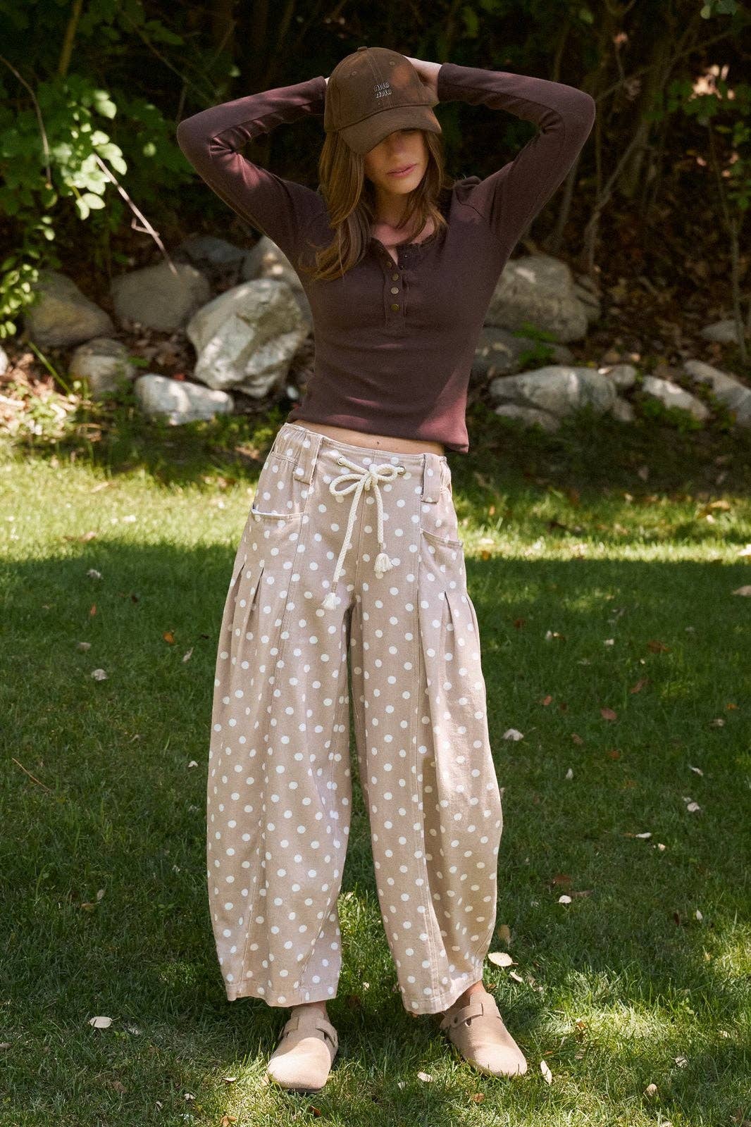 Taupe Polka Dot Barrel Leg Pants (REG)