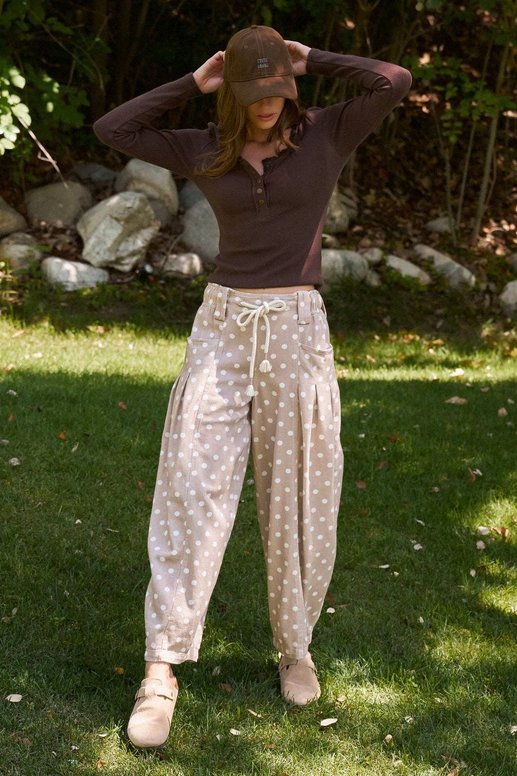 Taupe Polka Dot Barrel Leg Pants (REG)