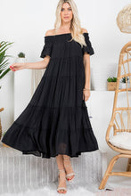 Off Shoulder Tiered Midi Dress in Black (REG)
