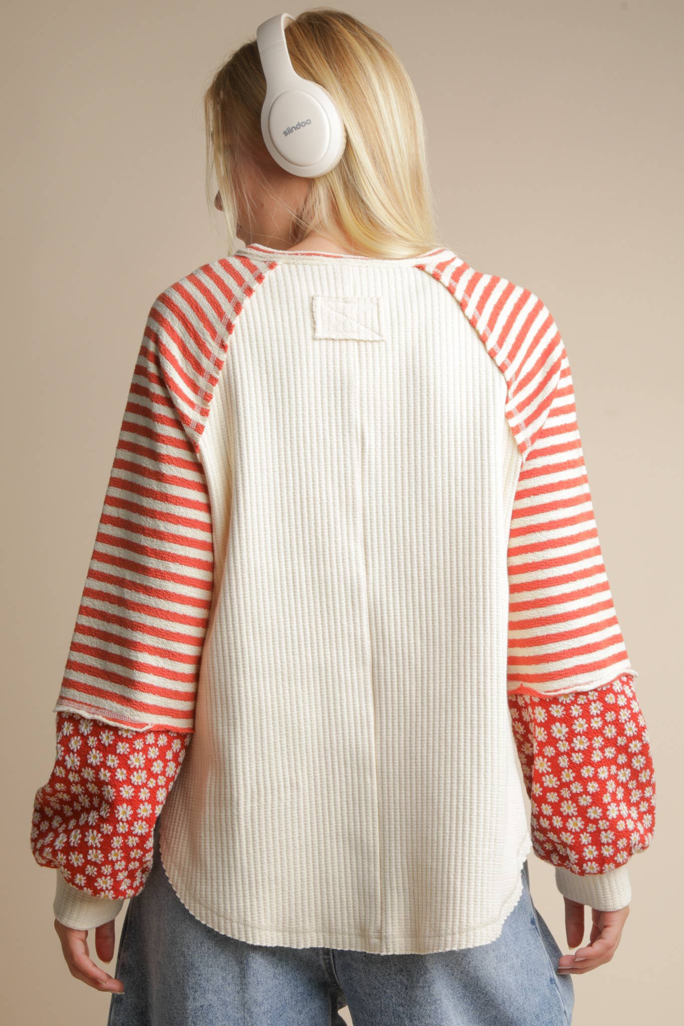 Floral & Stripe Casual Knit Top in Cream (REG/PLUS)