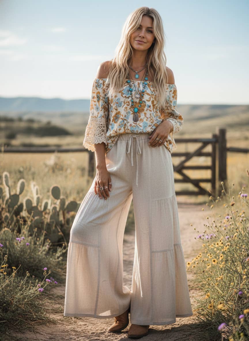 Tiered Linen Palazzo Pants in Natural (REG)