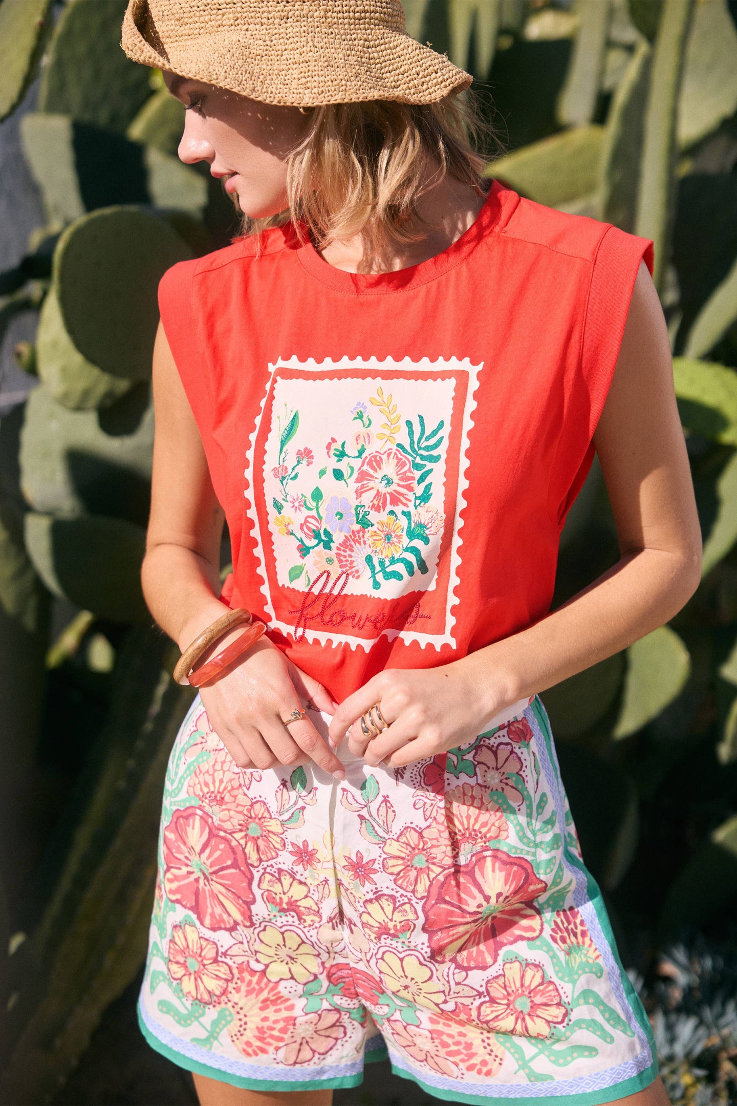 Red Embroidered Flowers Tee (REG)