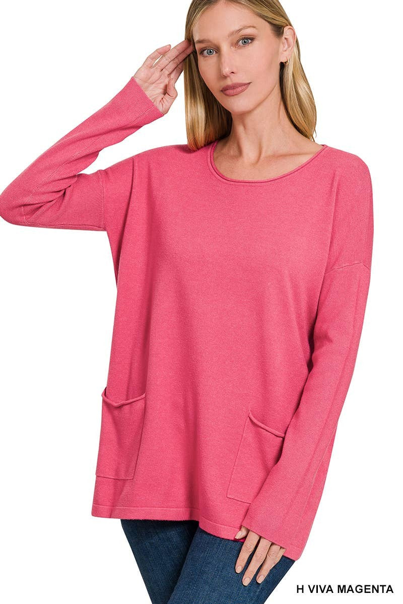 Front Pocket Sweater Top in Viva Magenta (REG)