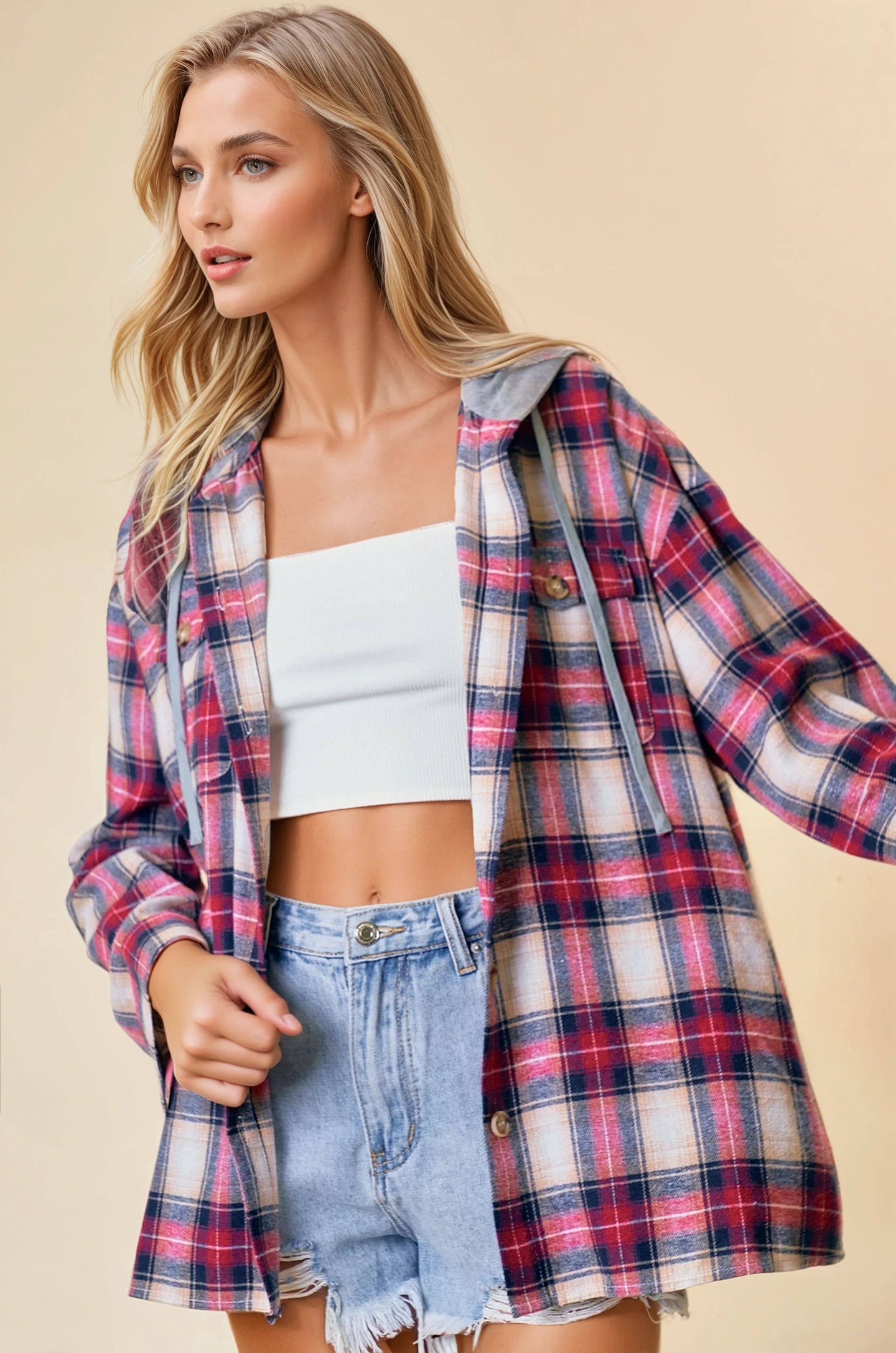 Hooded Plaid Shacket Jacket in Red (REG)