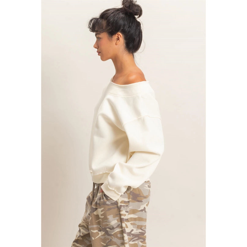 Raw Edge Off Shoulder Sweatshirt in Cream (REG)