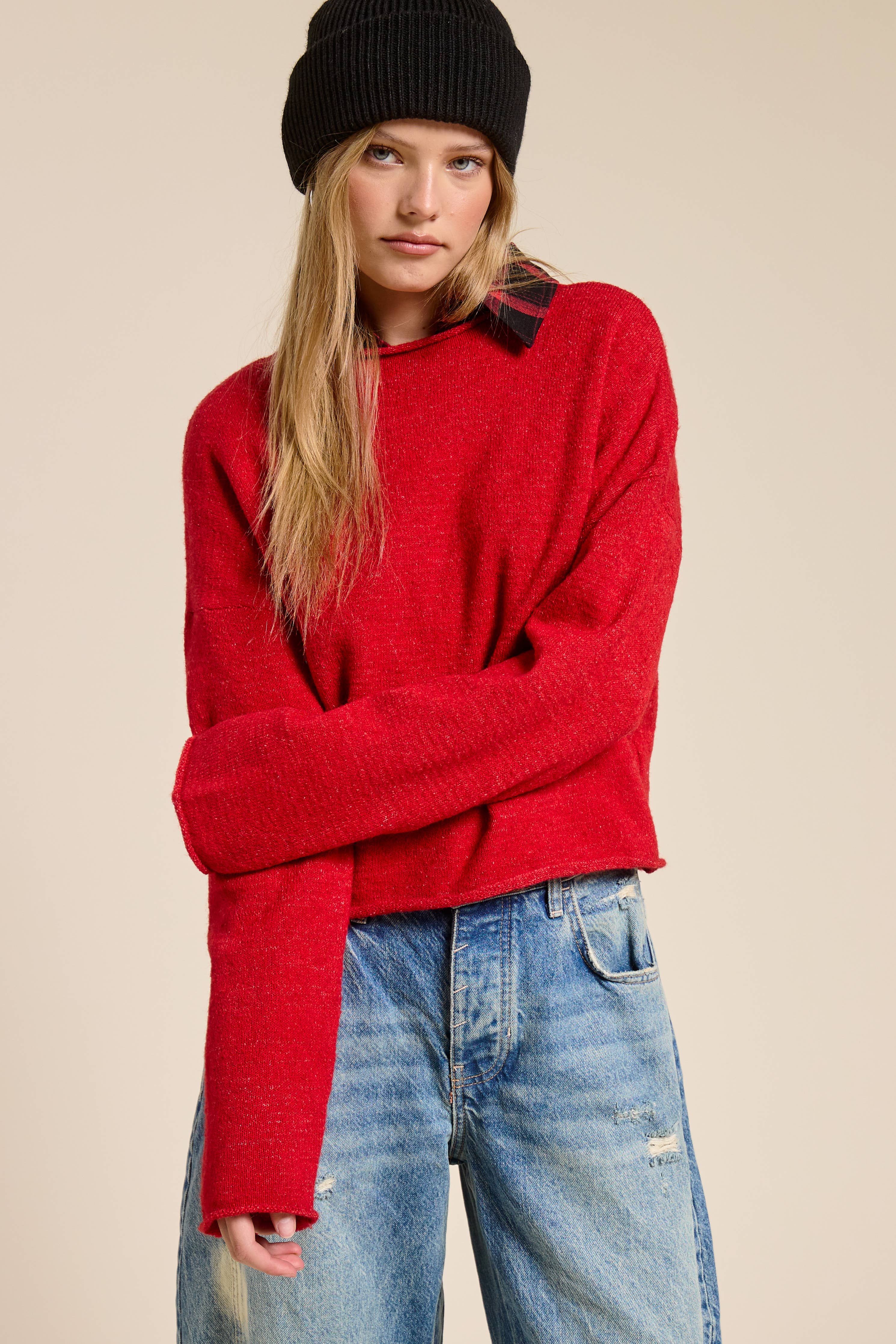 Essential Pullover Crop Sweater Top in Red (REG)