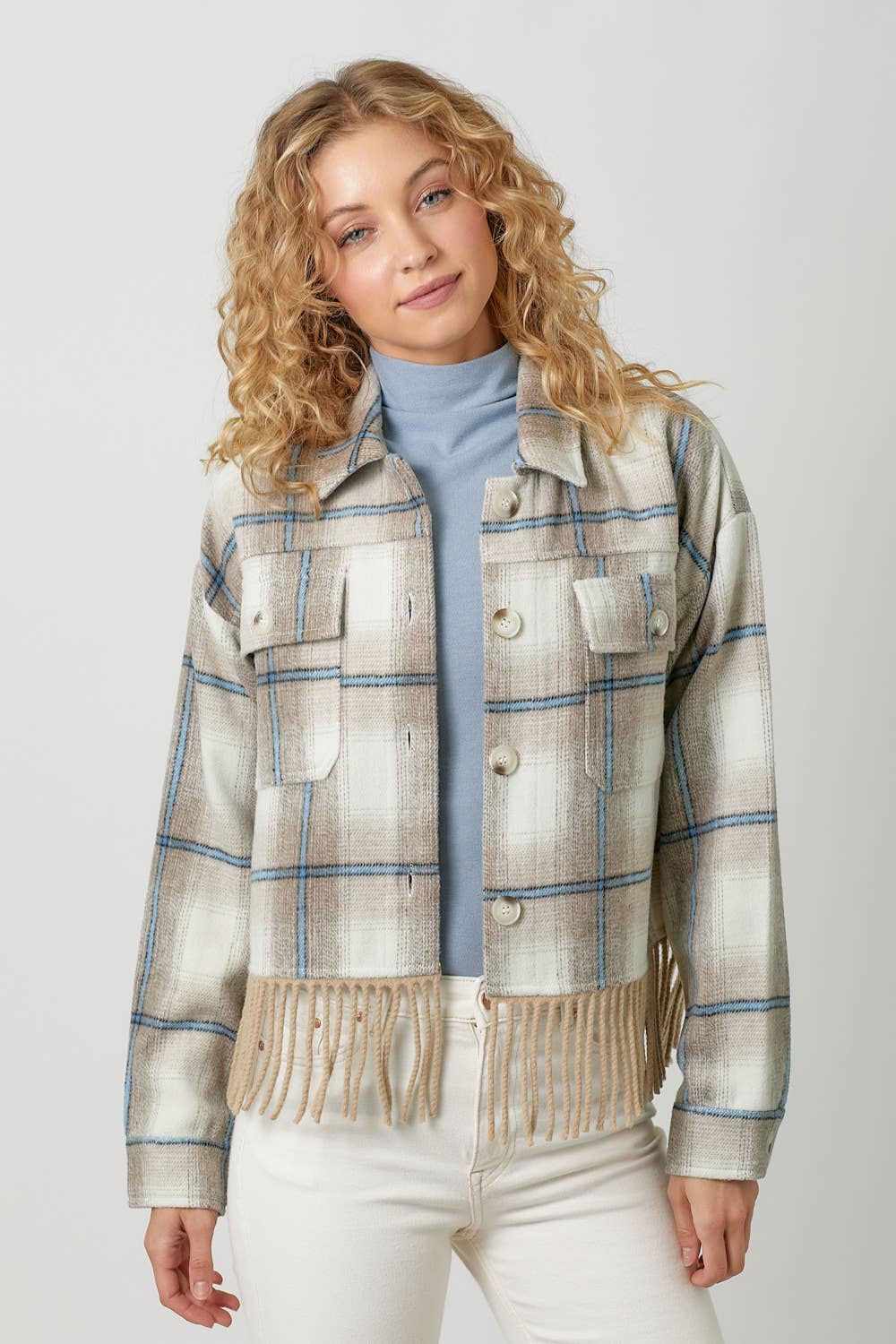 Fringe Plaid Jacket in Almond (REG)