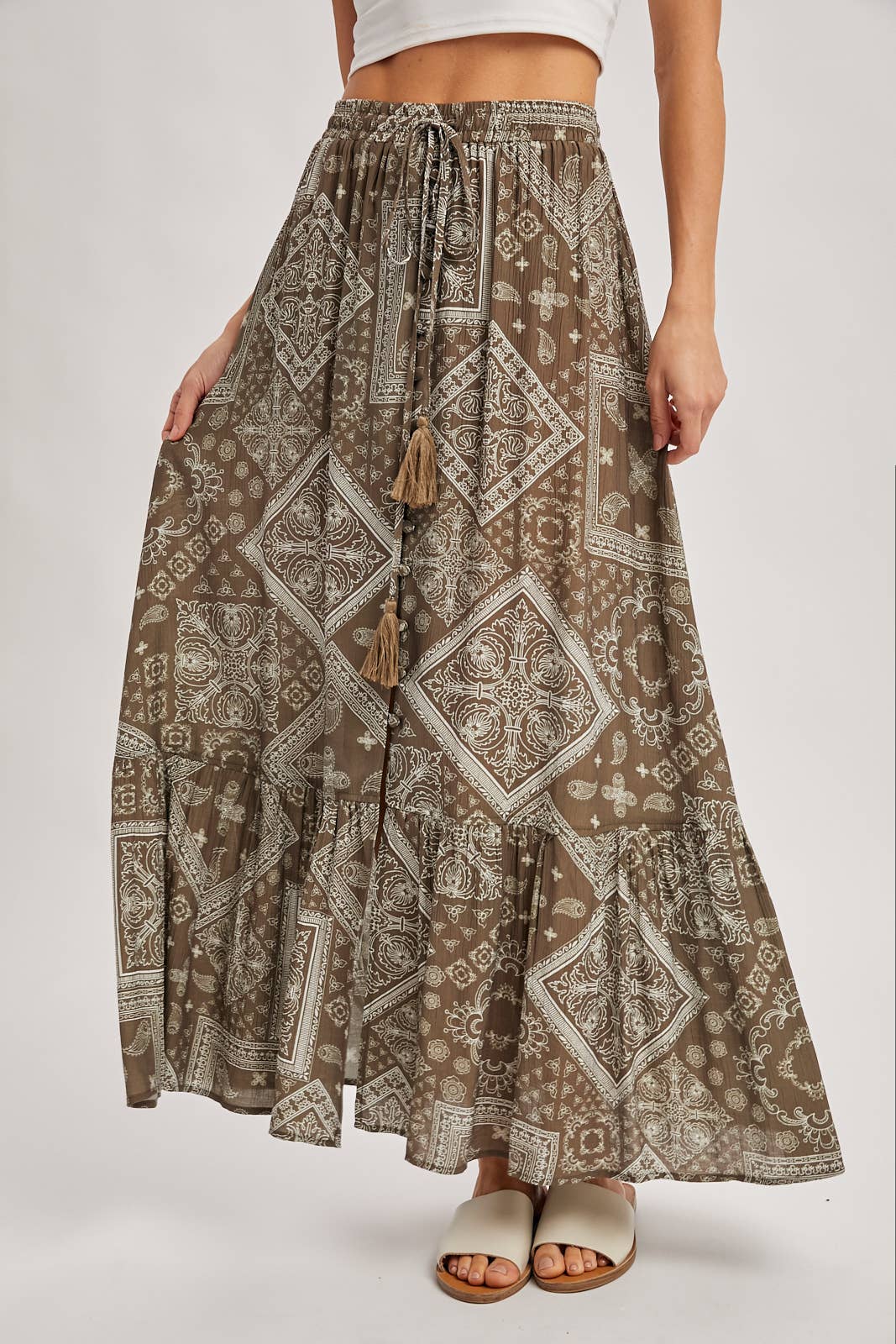 Boho Print Tiered Maxi Skirt in Mocha (REG)