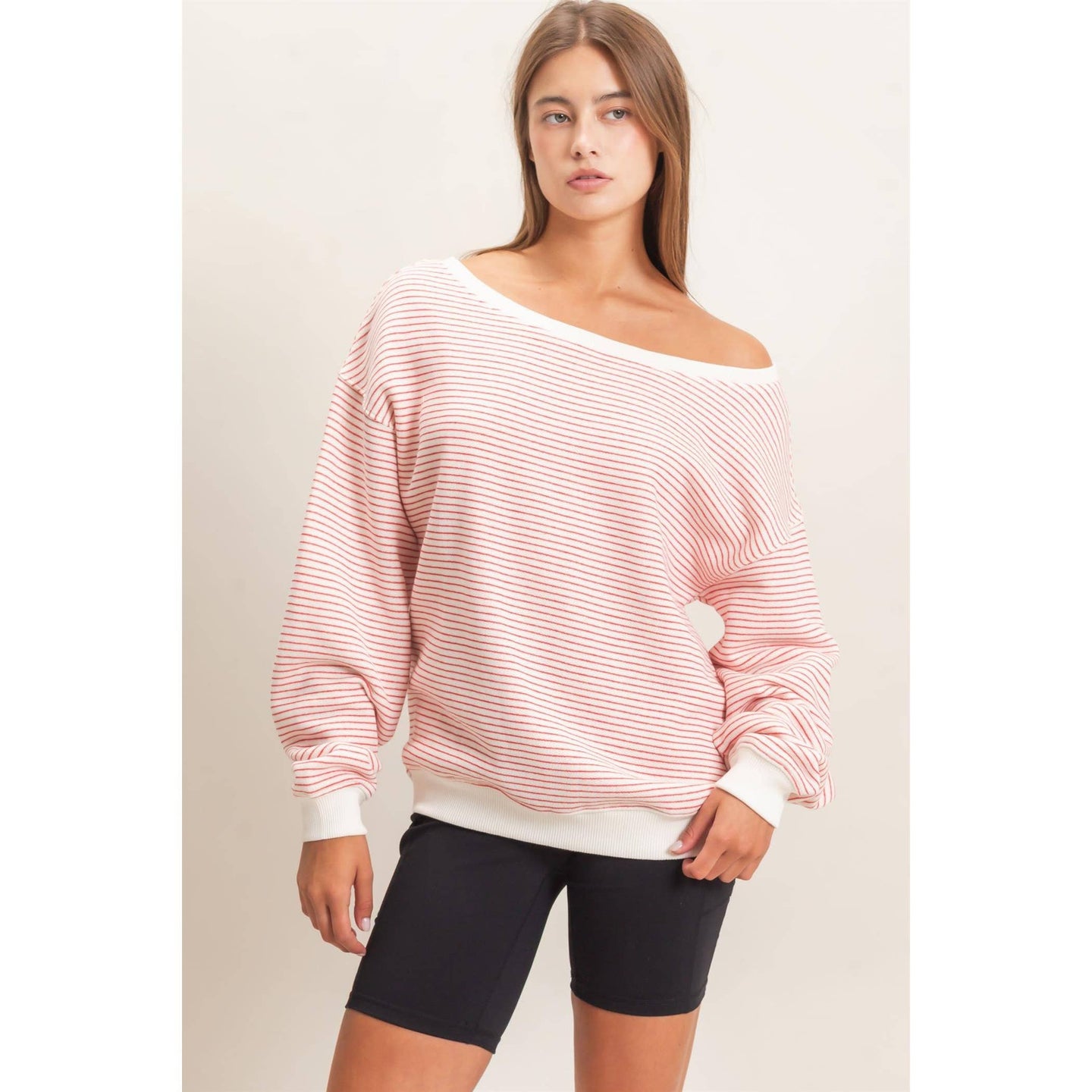 Red Striped Off The Shoulder Sweatshirt (REG)