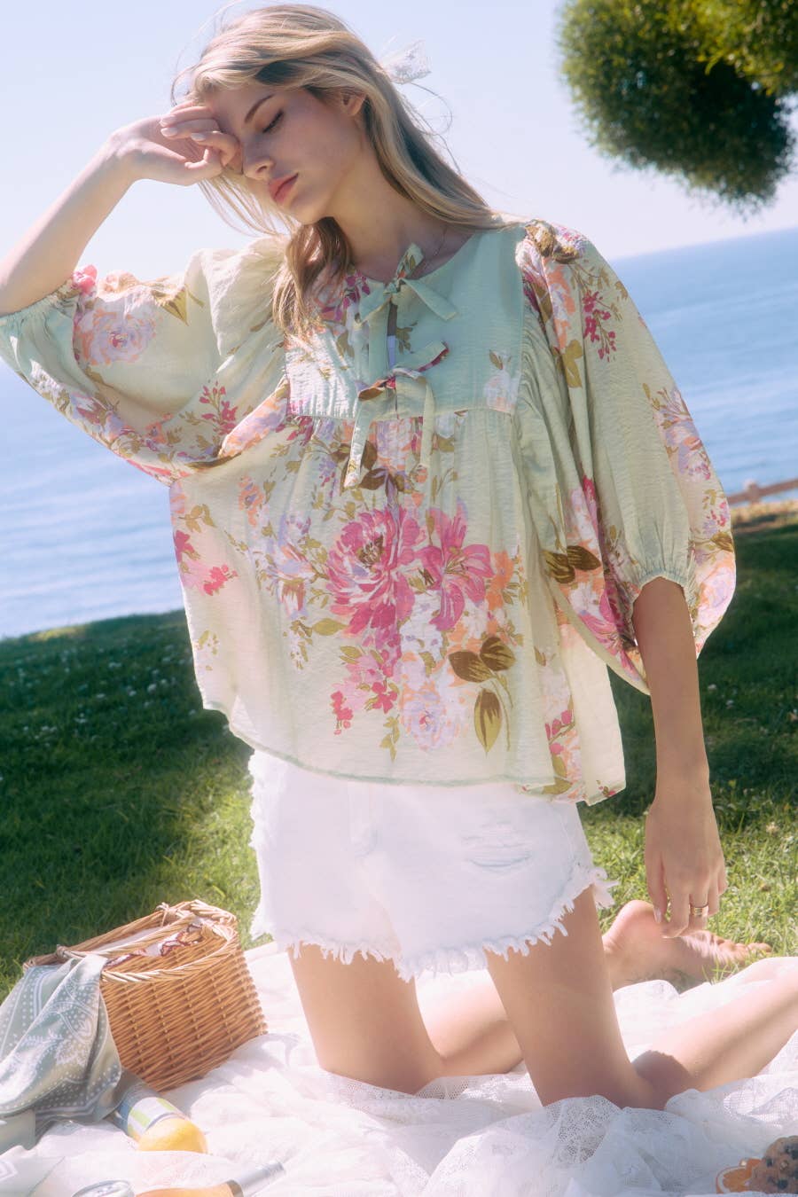Tie Front Floral Top in Sage (REG)