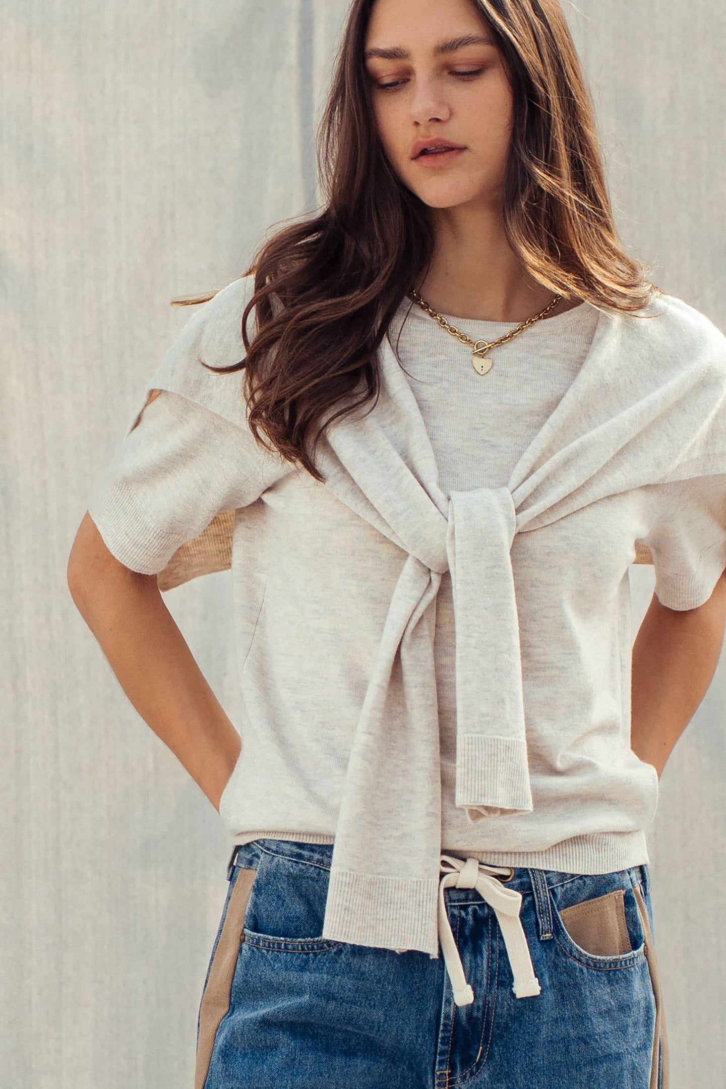 Faux Layered Tie-Front Top in White (REG)