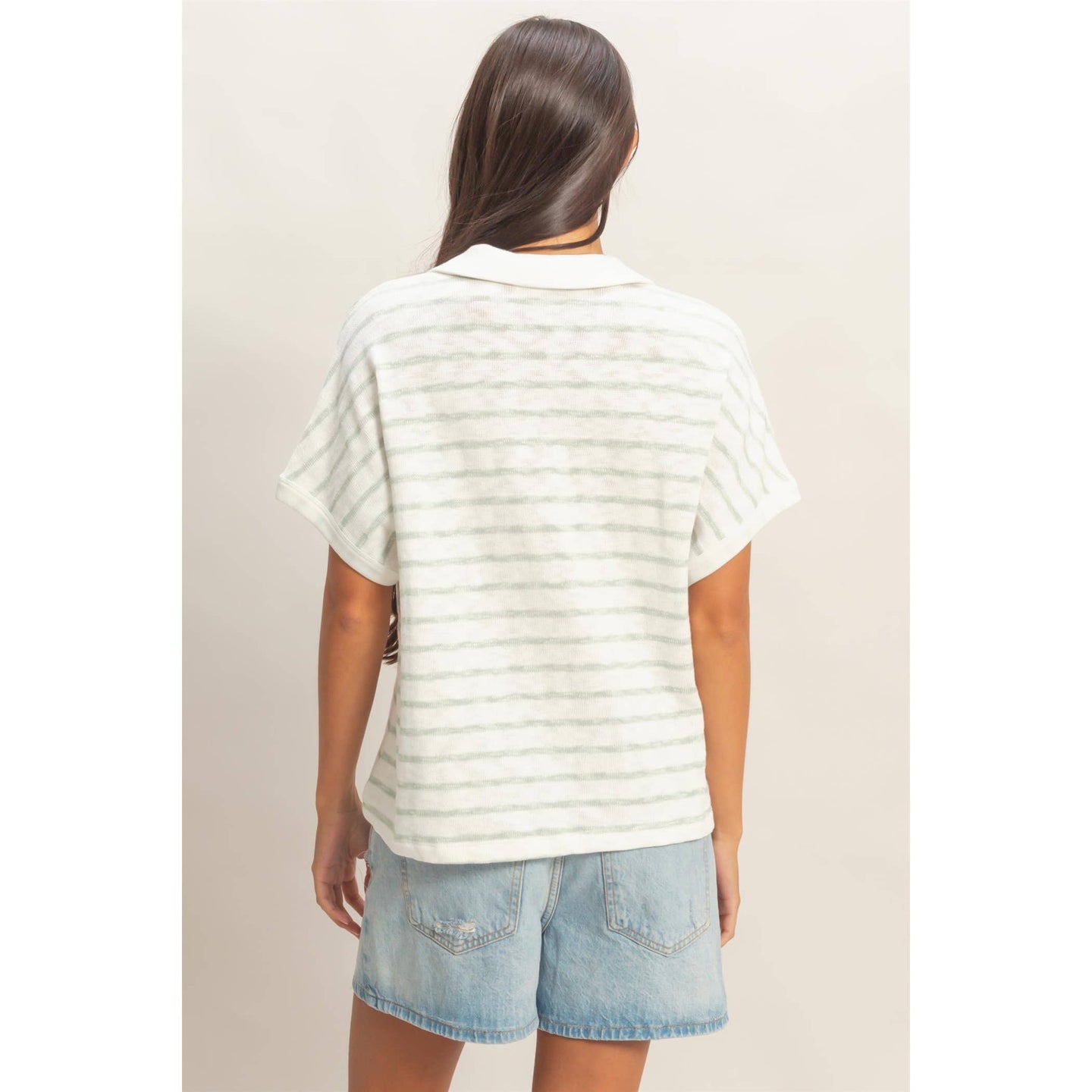 Striped Collar V-Neck Top in Green (REG)
