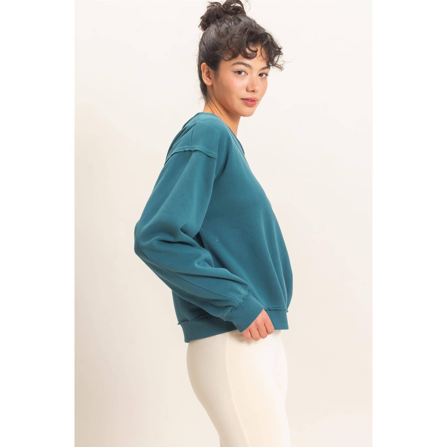 Raw Edge Off Shoulder Sweatshirt in Teal (REG)