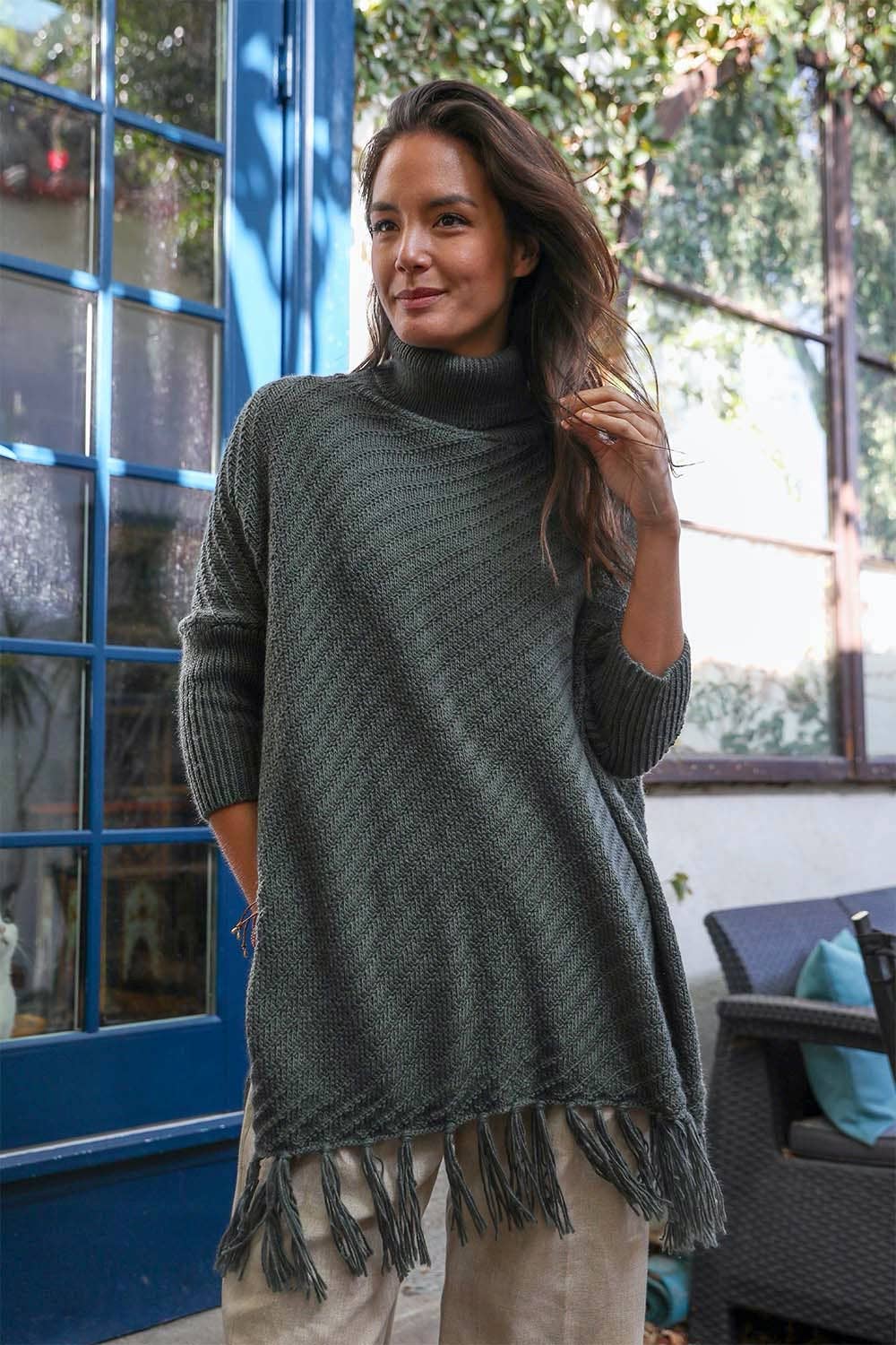 Cozy Roll Neck Poncho Sweater in Olive