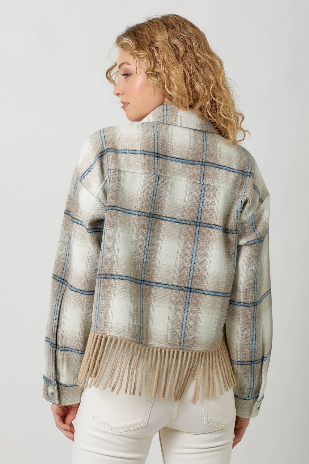 Fringe Plaid Jacket in Almond (REG)