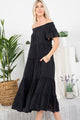 Off Shoulder Tiered Midi Dress in Black (REG)