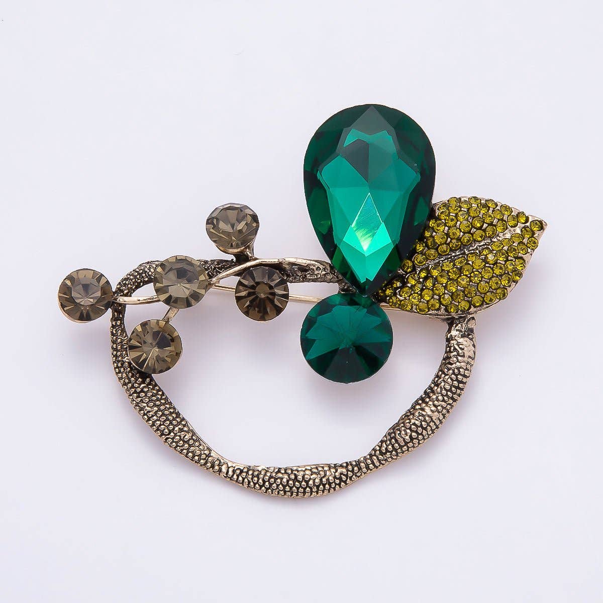 Green Rhinestone Leaf Brooch