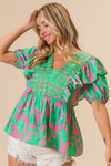 Circle Trim Ruffle Top in Jade/Pink (REG)