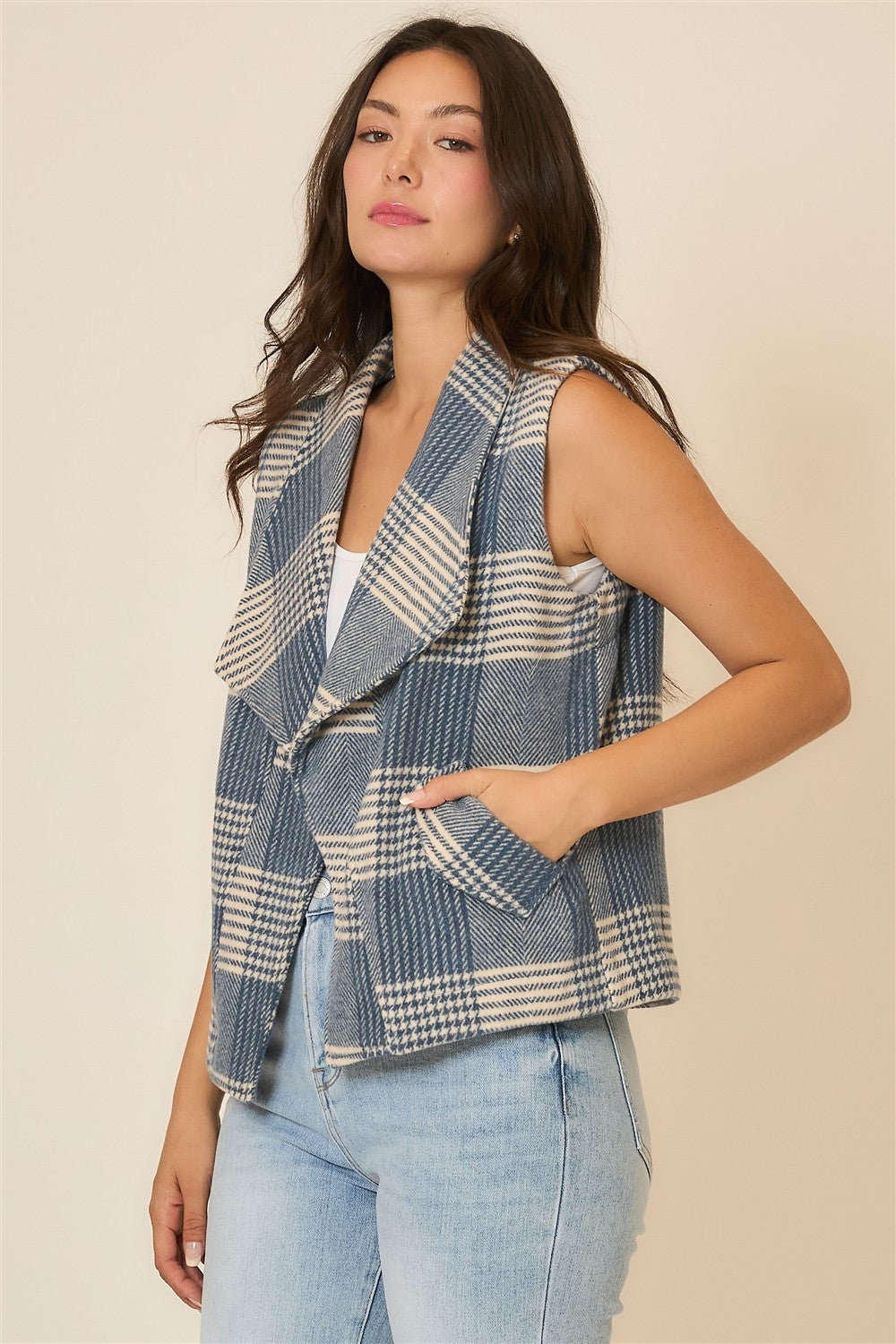 Open Front Plaid Vest in Denim Blue (REG)
