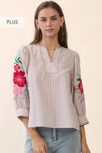 Floral Sleeve Striped Top in Taupe (PLUS)