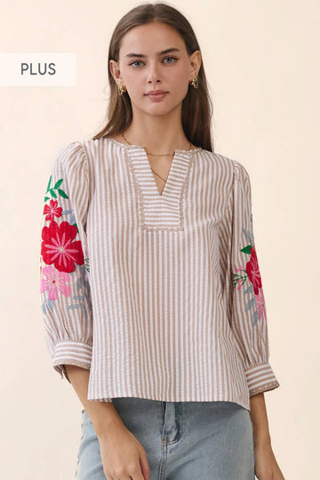 Floral Sleeve Striped Top in Taupe (PLUS)