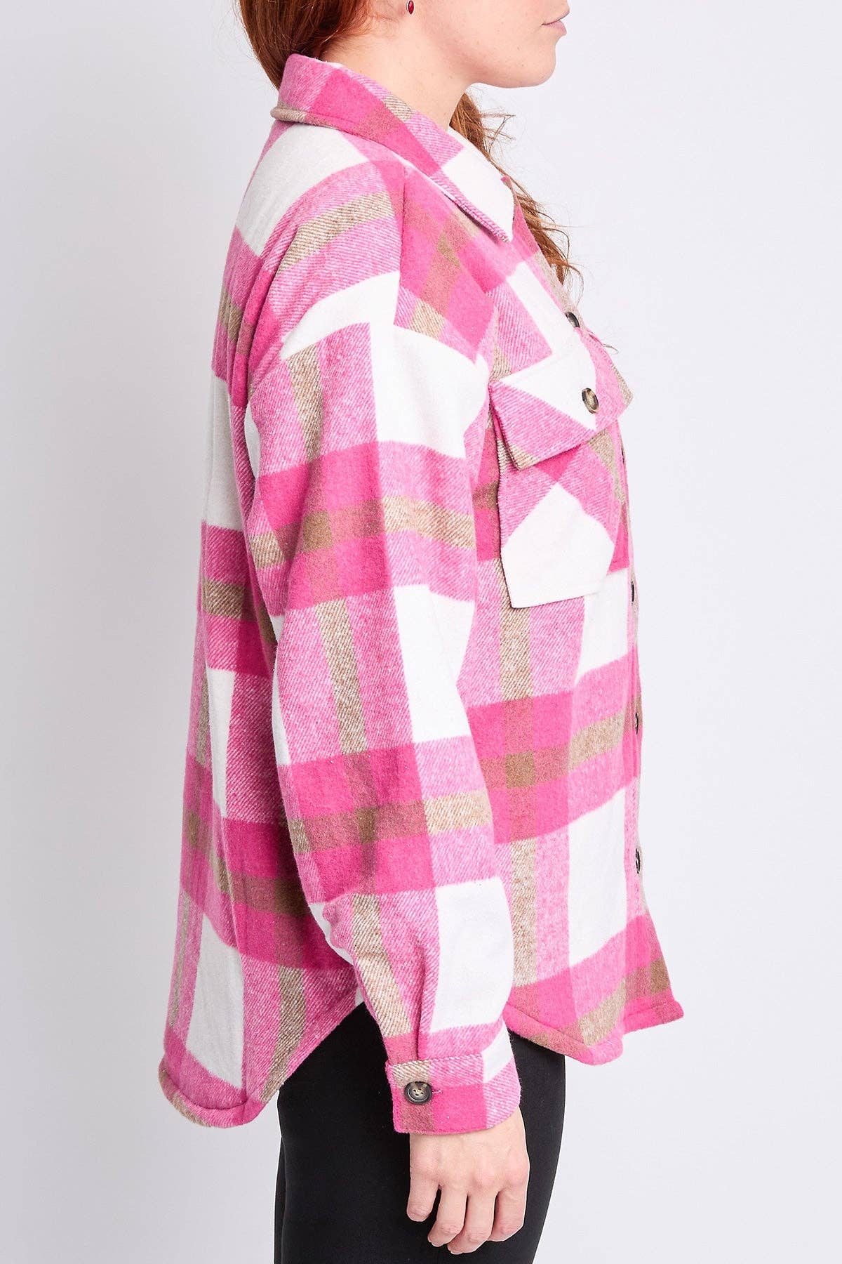 Plaid Flannel Sherpa Shacket in Pink (REG)
