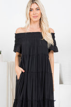 Off Shoulder Tiered Midi Dress in Black (REG)