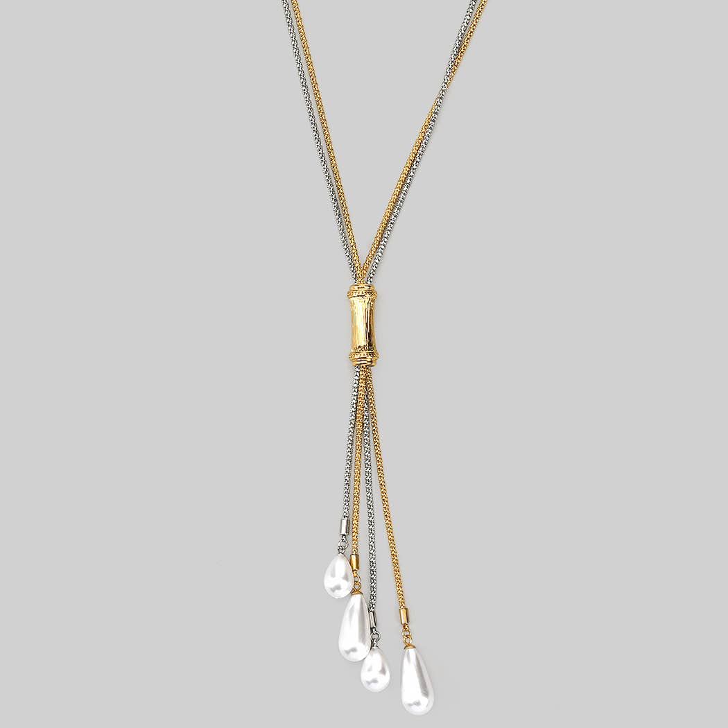 Two Tone Chain Bolo Necklace w/ Pearls