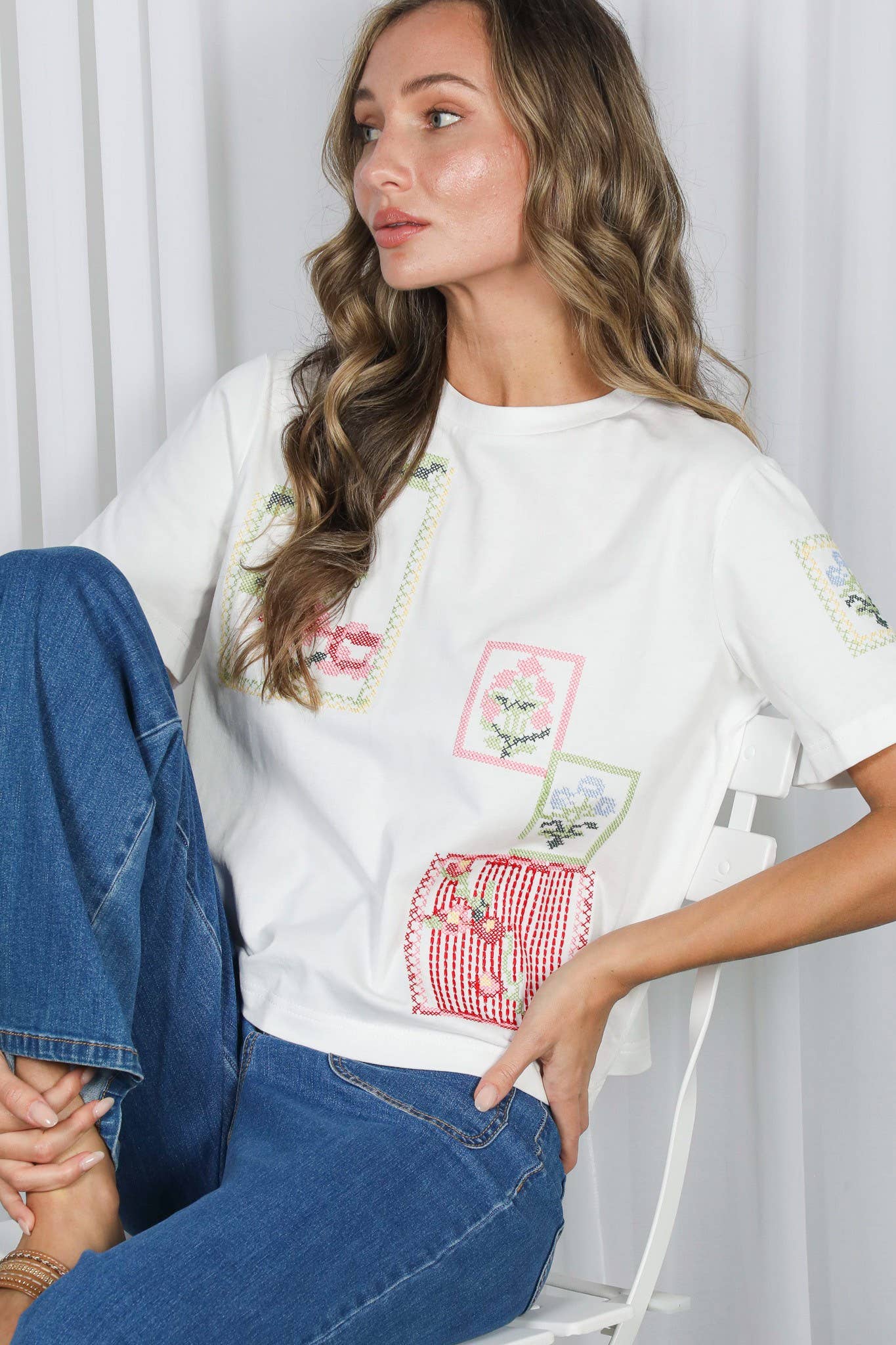 Floral Cross-Stitch Embroidery Top (REG)