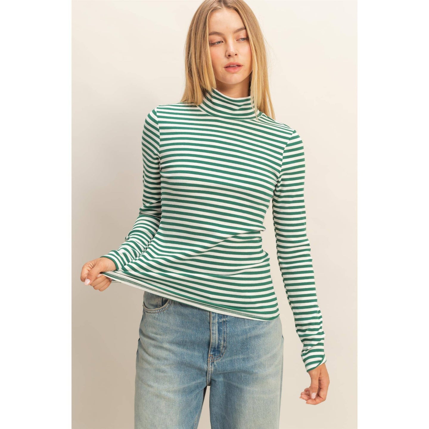 Striped Turtleneck Fitted Top in Green (REG)