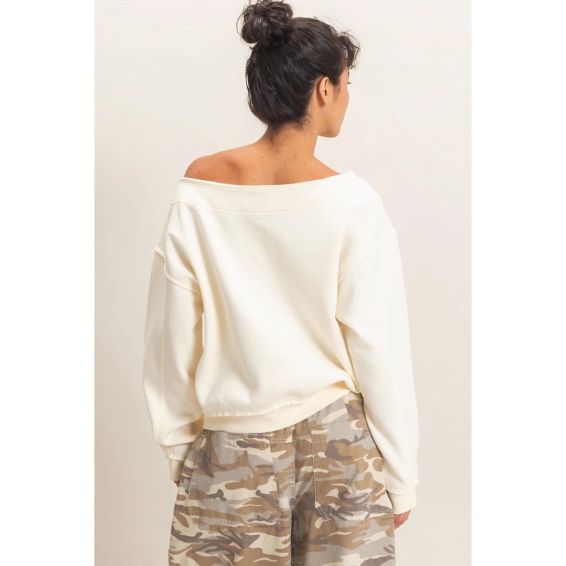 Raw Edge Off Shoulder Sweatshirt in Cream (REG)