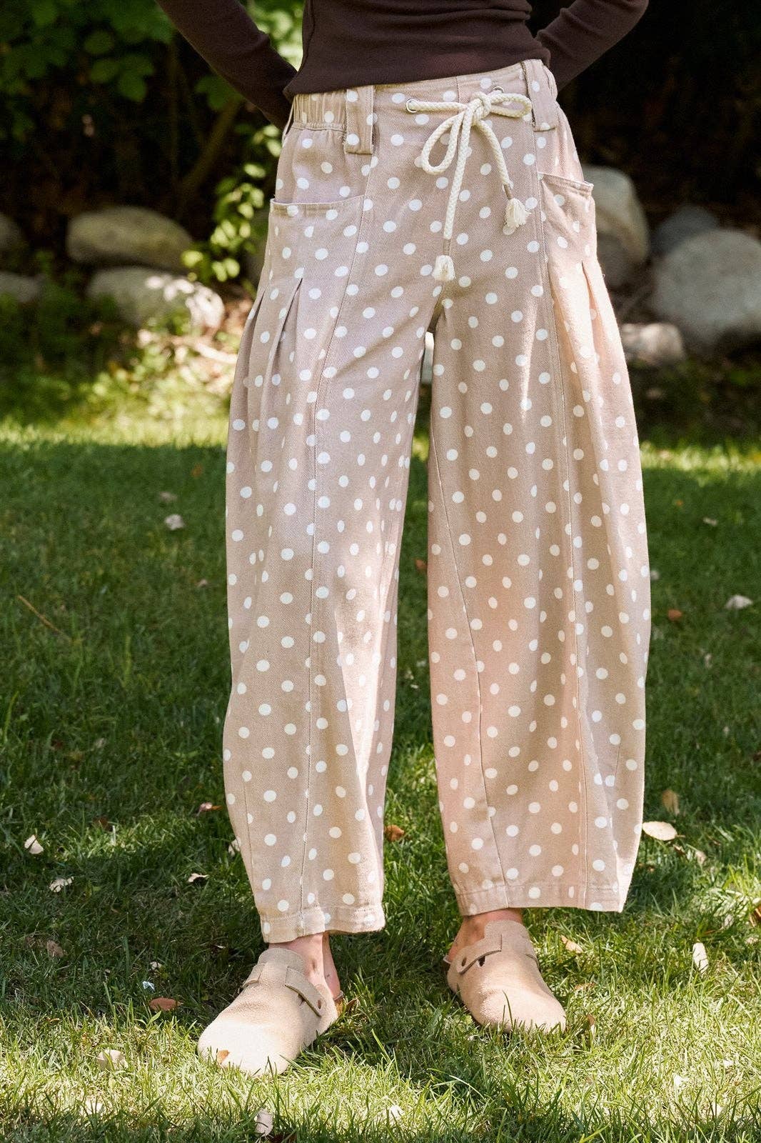 Taupe Polka Dot Barrel Leg Pants (REG)